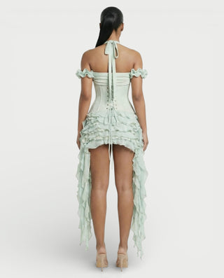 VALORIA Corset Ruffle Hem Mini Dress