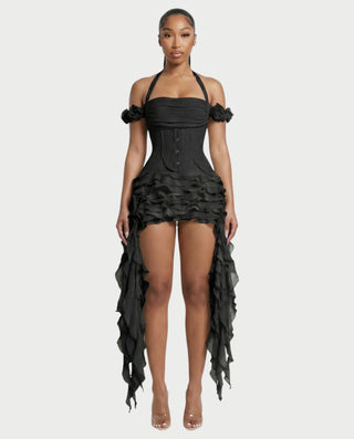 VALORIA Corset Ruffle Hem Mini Dress
