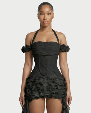 VALORIA Corset Ruffle Hem Mini Dress