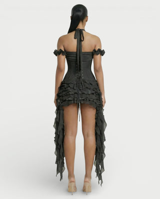 VALORIA Corset Ruffle Hem Mini Dress