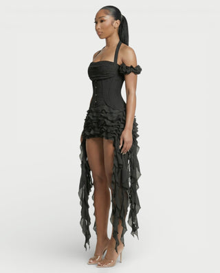 VALORIA Corset Ruffle Hem Mini Dress