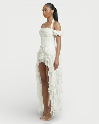 VALORIA Corset Ruffle Hem Mini Dress