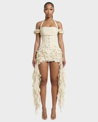 VALORIA Corset Ruffle Hem Mini Dress