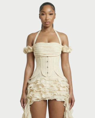 VALORIA Corset Ruffle Hem Mini Dress