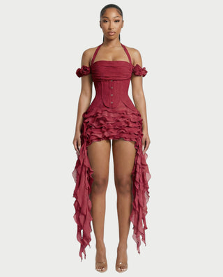 VALORIA Corset Ruffle Hem Mini Dress