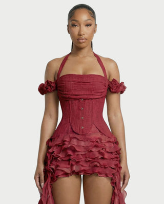VALORIA Corset Ruffle Hem Mini Dress