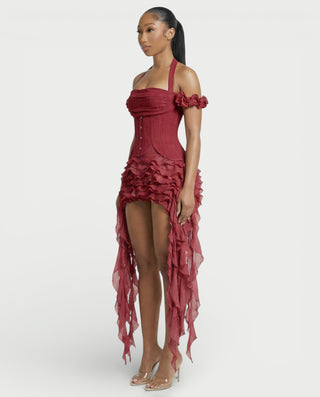 VALORIA Corset Ruffle Hem Mini Dress