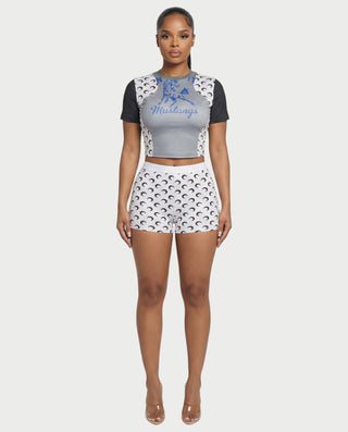ZAVIA Crescent Contrast Print Crop Top & Shorts Set