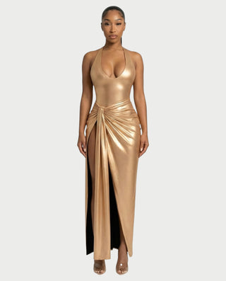 ARAYA Metallic Ruched High-Slit Maxi Dress ARAYA Metallic Ruched High-Slit Maxi Dress