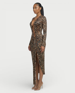 Vestido midi plisado de manga larga con estampado de leopardo de ALONA