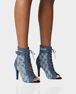 REIKO Buckled Ankle Strap Lace-Up Denim Boots