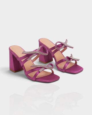 MICHIKO Strappy Rhinestone Bow Block Heel Sandals