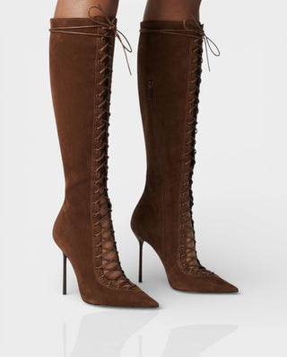 Botas de tacón de aguja hasta la rodilla de malla con cordones de ESCAS