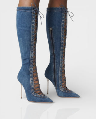 Botas de tacón de aguja hasta la rodilla de malla con cordones de ESCAS