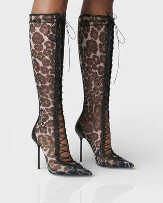 Botas de tacón de aguja hasta la rodilla de malla con cordones de ESCAS