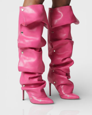 KIVARA Stiletto Heel Fold-Over Rivet Knee-High Boots