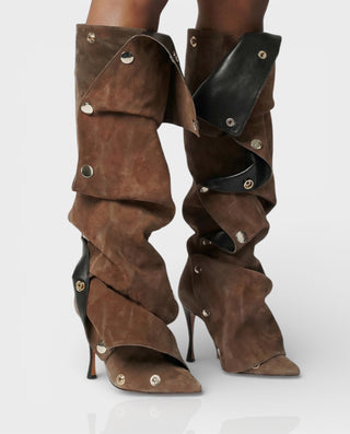 KIVARA Stiletto Heel Fold-Over Rivet Knee-High Boots