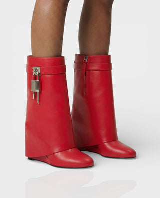 AVELINE Padlock Wedge Faux Leather Ankle Boots