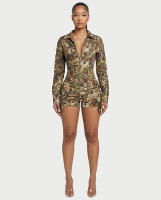 ZAYRA Camouflage Print Zip Up Romper