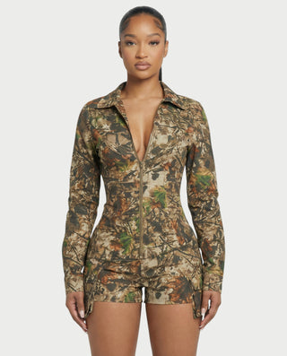 ZAYRA Camouflage Print Zip Up Romper