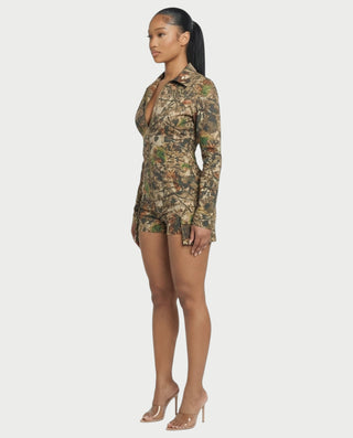 ZAYRA Camouflage Print Zip Up Romper