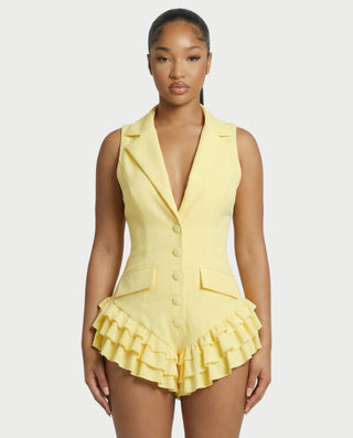 NIVARA Tailored Ruffle-Trim Tuxedo Romper