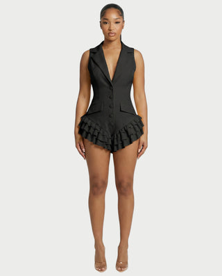 NIVARA Tailored Ruffle-Trim Tuxedo Romper