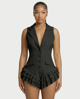 NIVARA Tailored Ruffle-Trim Tuxedo Romper