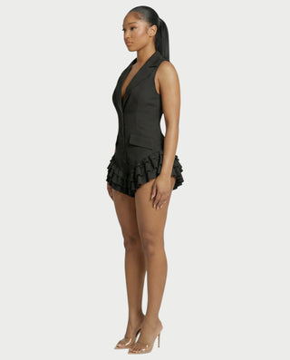 NIVARA Tailored Ruffle-Trim Tuxedo Romper