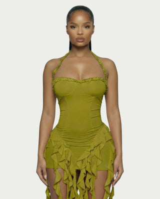 saby ruffle mini dress SANAI Ruffle Trim Mini Dress - Green / L - Women's Fashion