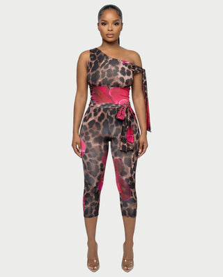 LUJILLE Mono de leopardo floral de un solo hombro 