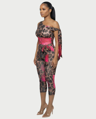 LUJILLE Mono de leopardo floral de un solo hombro 