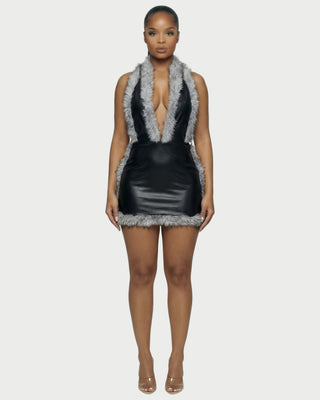 GIVELLE Faux Fur Trim Leather Mini Dress