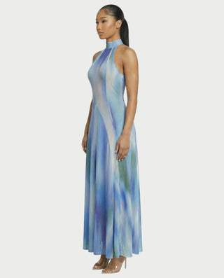 REBECCA High Neck Watercolor Maxi Dress