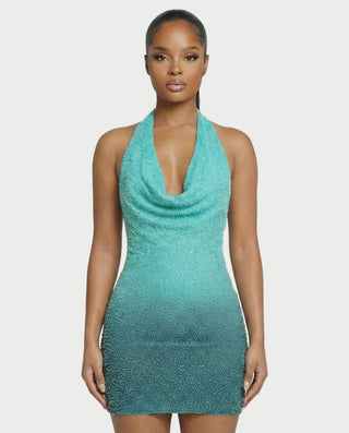 IMOGEN Rhinestone Embellished Cowl Neck Mini Dress