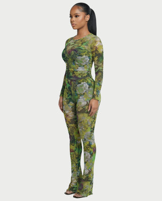 Conjunto de top y pantalón de manga larga de malla floral de SANNA