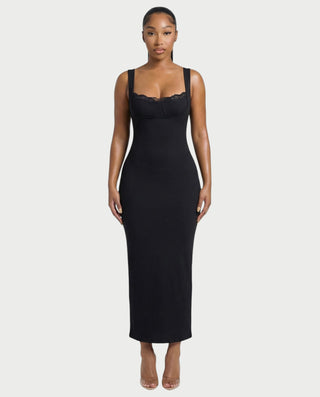 ribbed lace trim dress Black Ribbed Lace Trim Midi Dress with Side Slit