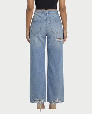 Distressed Wide-Leg Denim Pants