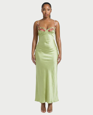 HARRIET Satin Floral Appliqué Maxi Dress