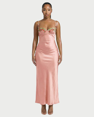 HARRIET Satin Floral Appliqué Maxi Dress