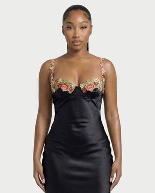 HARRIET Satin Floral Appliqué Maxi Dress