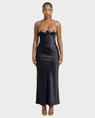 HARRIET Satin Floral Appliqué Maxi Dress