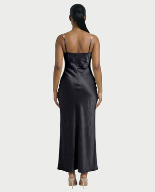 HARRIET Satin Floral Appliqué Maxi Dress
