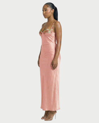 HARRIET Satin Floral Appliqué Maxi Dress