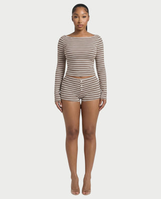 KEIKO Striped Top & Button Detail Shorts Set