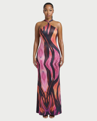 SOLAIRE Abstract Print Halter Tie-Back Maxi Dress