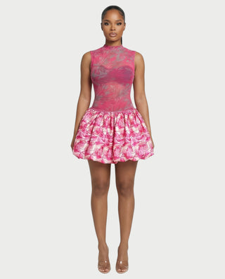 KNEO Floral Mesh Bubble Skirt Mini Dress