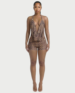 LARIMA Draped Halter Tie-Back Top & Bodycon Shorts Set