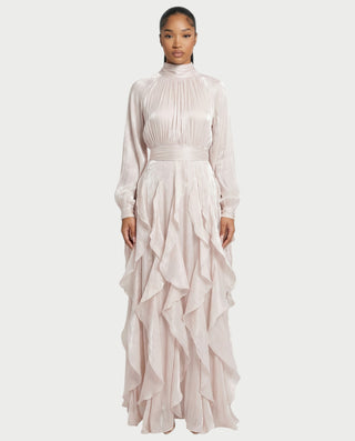 ELMA High-Neck Draped Ruffle Maxi Dress