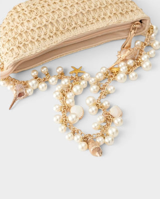ZAYNA Woven Pearl Seashell Charm Clutch Bag